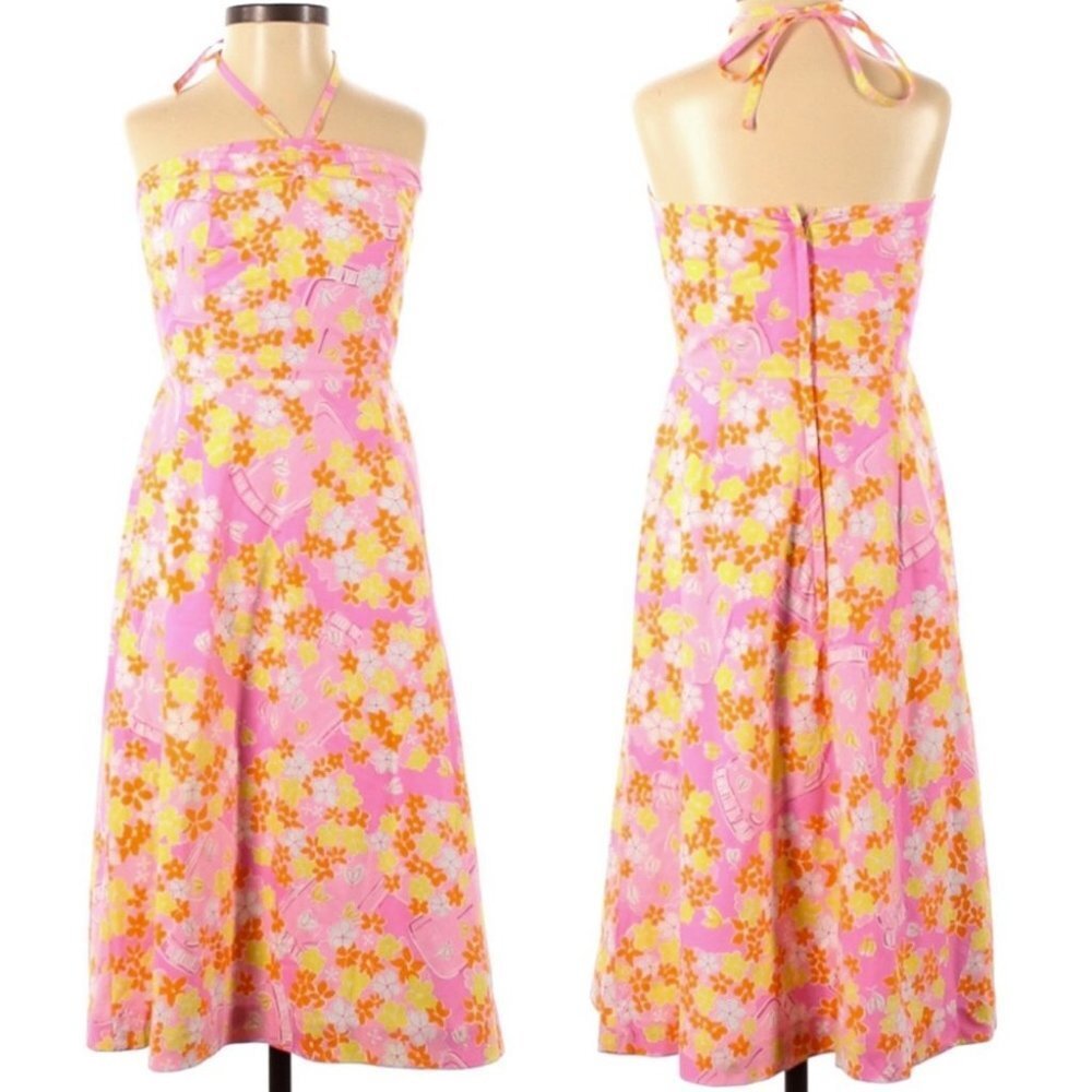 Lilly Pulitzer Pink White Yellow‎ Floral Midi Halter Dress Size 0 Cotton Barbie